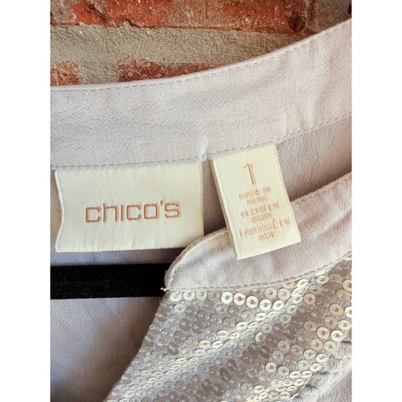 Chico's Women's Gray Sequin Shine Split V-Neck Long Sleeve Tunic Blouse Size 1 - Picture 4 of 4